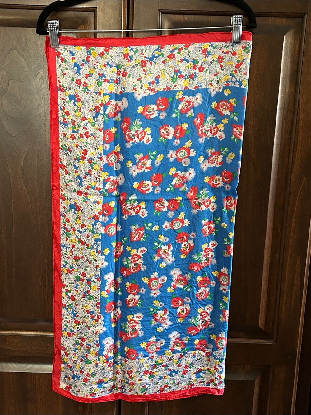 30 x 30 Silk Blue Floral Scarf with Red Trim